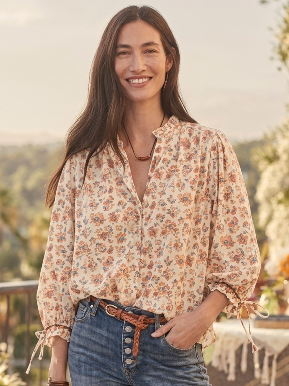 Sundance size M cream Ashton Floral drape blouse Tie-Sleeve Peasant boho Blouse